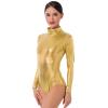ODASDO Women Metalic Long Sleeve Bodysuit, Turtleneck Shiny Dance Leotard Spandex One Piece Gymnastics Unitard Vinyl Wet Look Latex Leather Body Suit for Halloween Costume Ballet Clubwear Golden XL view 2