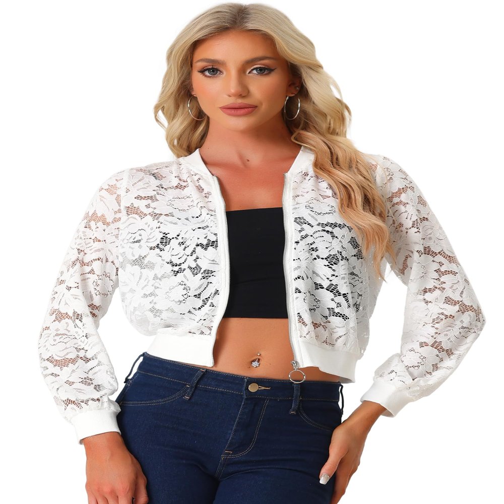 Allegra K Lace Jackets for Women's Stand Collar Zip Up Lightweight Gothic Sheer Baseball Jacket X-Large White