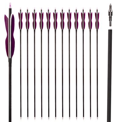 31" Carbon Hunting Arrows Archery Target Practice Arrows with 5" Turkey Feathers Spine 500 for Recurve Bow and Compound Bow(Pack of 12) (7.8MM Purple)