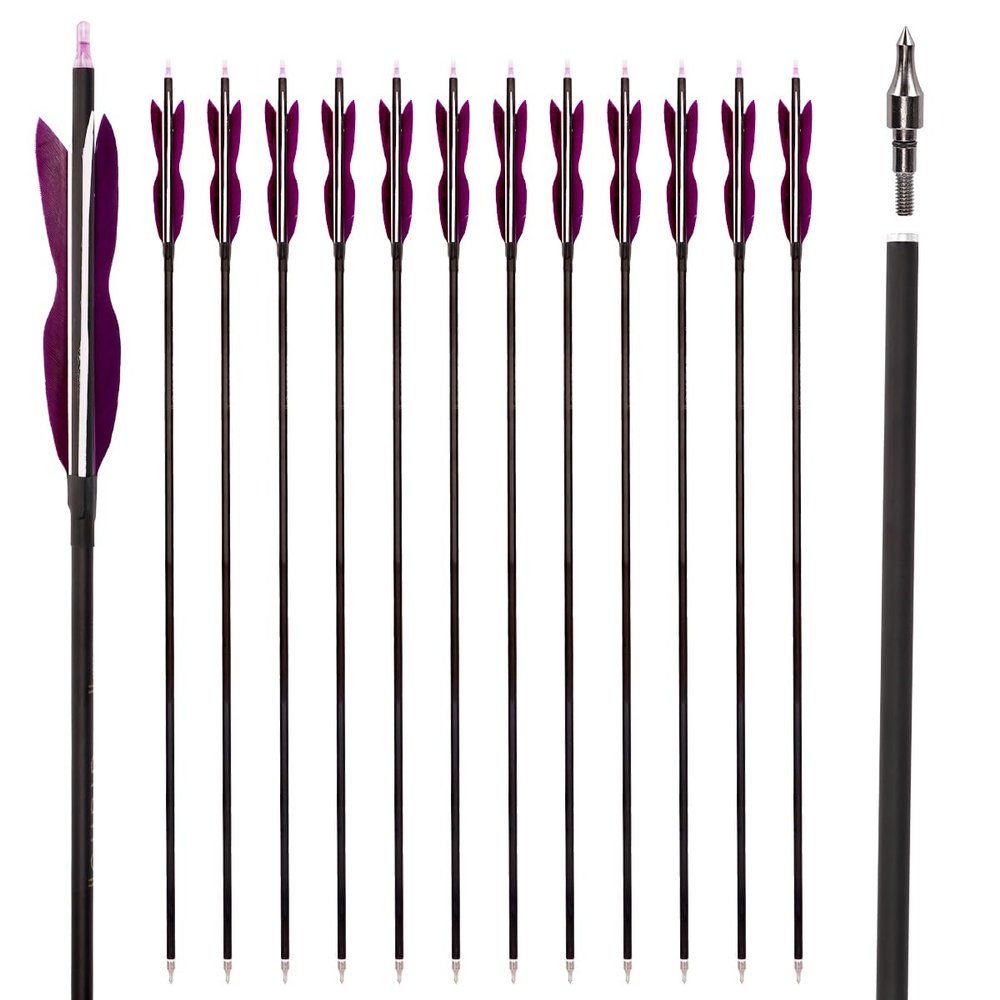 31" Carbon Hunting Arrows Archery Target Practice Arrows with 5" Turkey Feathers Spine 500 for Recurve Bow and Compound Bow(Pack of 12) (7.8MM Purple)