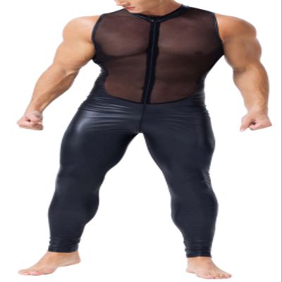 Panegy Men's Stretch PU Leather Romper Jumpsuit Mesh Patchwork Sleeveless Bodysuit Skinny Tight Turtleneck Full Body Catsuit Leotard Clubwear