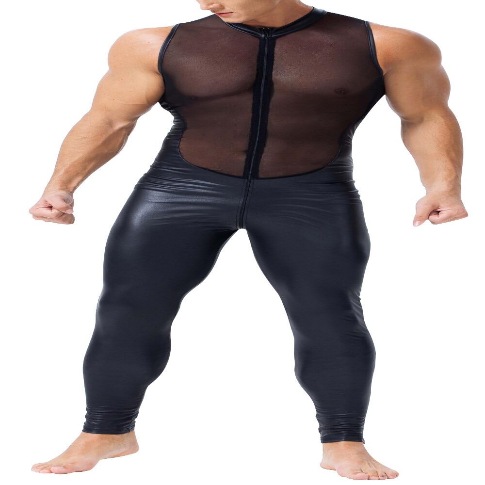 Panegy Men's Stretch PU Leather Romper Jumpsuit Mesh Patchwork Sleeveless Bodysuit Skinny Tight Turtleneck Full Body Catsuit Leotard Clubwear
