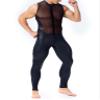 Panegy Men's Stretch PU Leather Romper Jumpsuit Mesh Patchwork Sleeveless Bodysuit Skinny Tight Turtleneck Full Body Catsuit Leotard Clubwear view 3