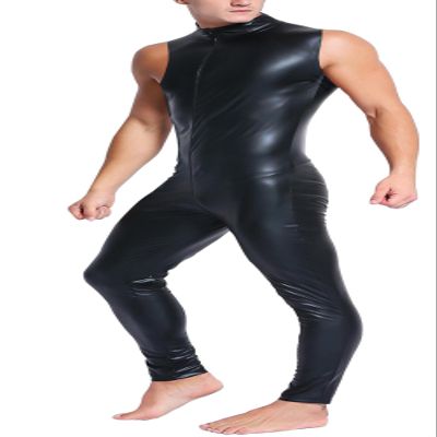 Men's Leather Full Bodysuit Sleeveless Zip Up PVC Jumpsuit Stretch Skinny Bodycon Romper Wetlook Cosplay Party Clubwear Onesie Leotard