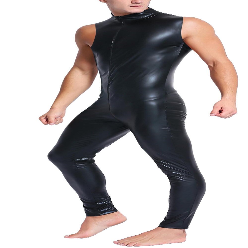 Men PVC Faux Leather Jumpsuit Sleeveless High Neck Zipper Open Front Romper Bodysuit Full Body Onesie Cosplay Catsuit Pole Dance Clubwear
