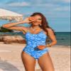 AI'MAGE Women's One Piece Swimsuits Tummy Control Bathing Suits Cutout High Cut Ruched Adjustable Strap Swimwear with O Ring, Blue Floral, S view 4