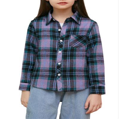 Betusline Girls' Plaid Flannel Shirt, Kids Long Sleeve Button Button Shirts Tops, F Purple & Green, 4-5 Years= Tag 120