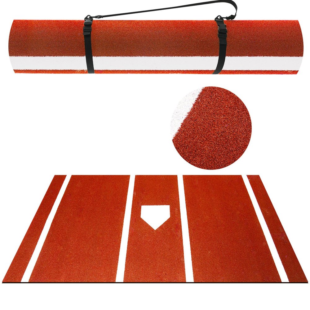 Meooeck Baseball Batting Mat 10' X 3.8' Softball Inlaid Home Plate Turf Hitting Mats Batters Box with Carry Strap Non-Slip Backing for Cage Indoor Outdoor(Brown)