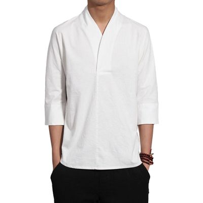 Men's Casual Linen Henley Shirts Long Sleeve Regular Fit Tops Lightweight Chinese Vintage T-Shirt (X-Large,White)
