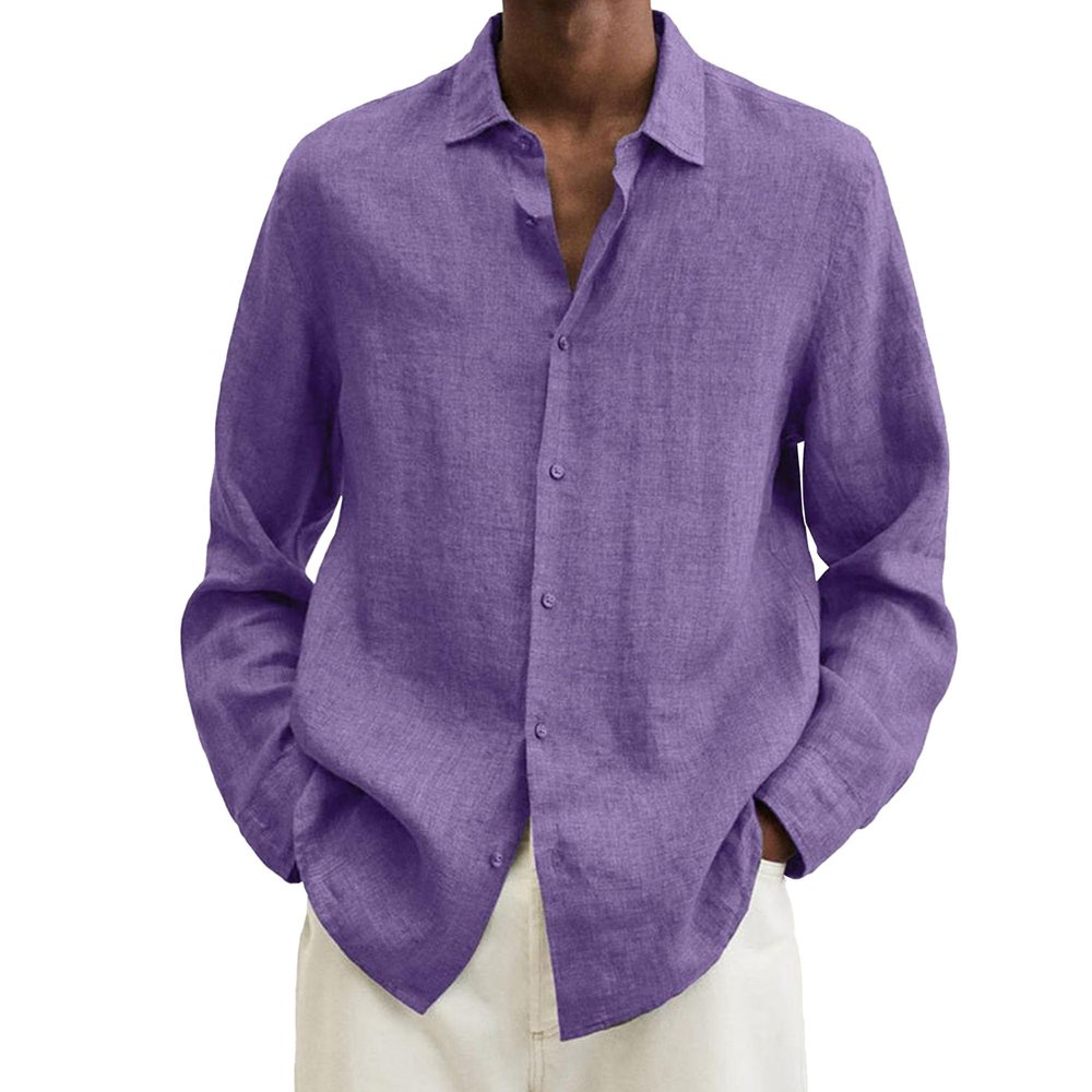 Mens Linen Button Down Shirts Long Sleeve Casual Cotton Yoga Shirts Summer Beach Regular Fit Tops (5X-Large,Purple)