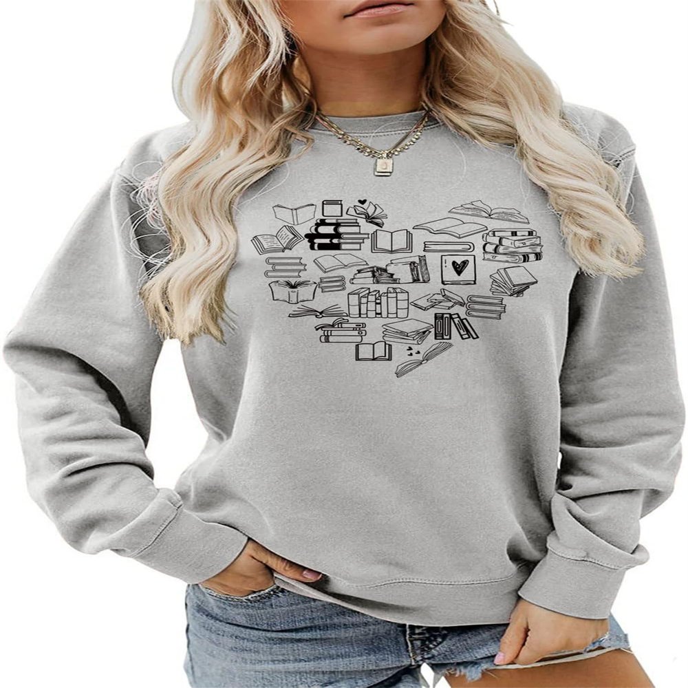 ESIKAH Love Books Sweatshirt Reading Sweatshirt Heart Graphic Book Worm Shirts Women Crewneck Pullover Tops Book Lover Gifts Gray, Large