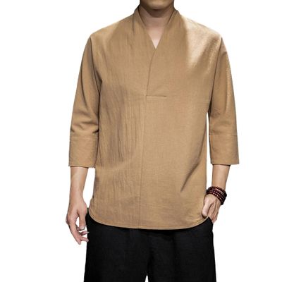 Men's Casual Linen Henley Shirts Long Sleeve Regular Fit Tops Lightweight Chinese Vintage T-Shirt (Medium,Khaki)