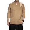 Men's Casual Linen Henley Shirts Long Sleeve Regular Fit Tops Lightweight Chinese Vintage T-Shirt (Medium,Khaki)