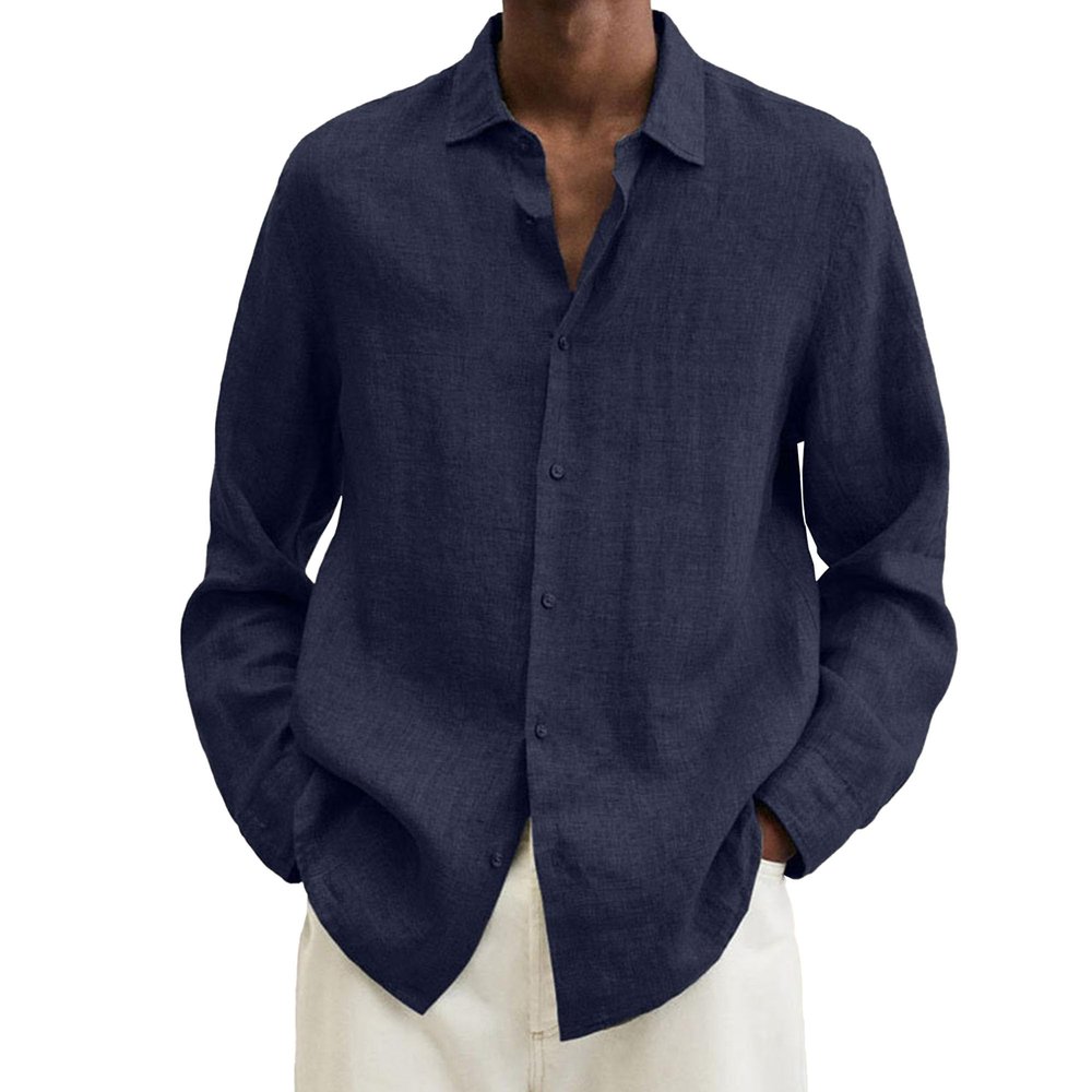 Maiyifu-GJ Mens Linen Button Down Shirts Long Sleeve Casual Cotton Yoga Shirts Summer Beach Regular Fit Tops (3X-Large,Navy Blue 3)