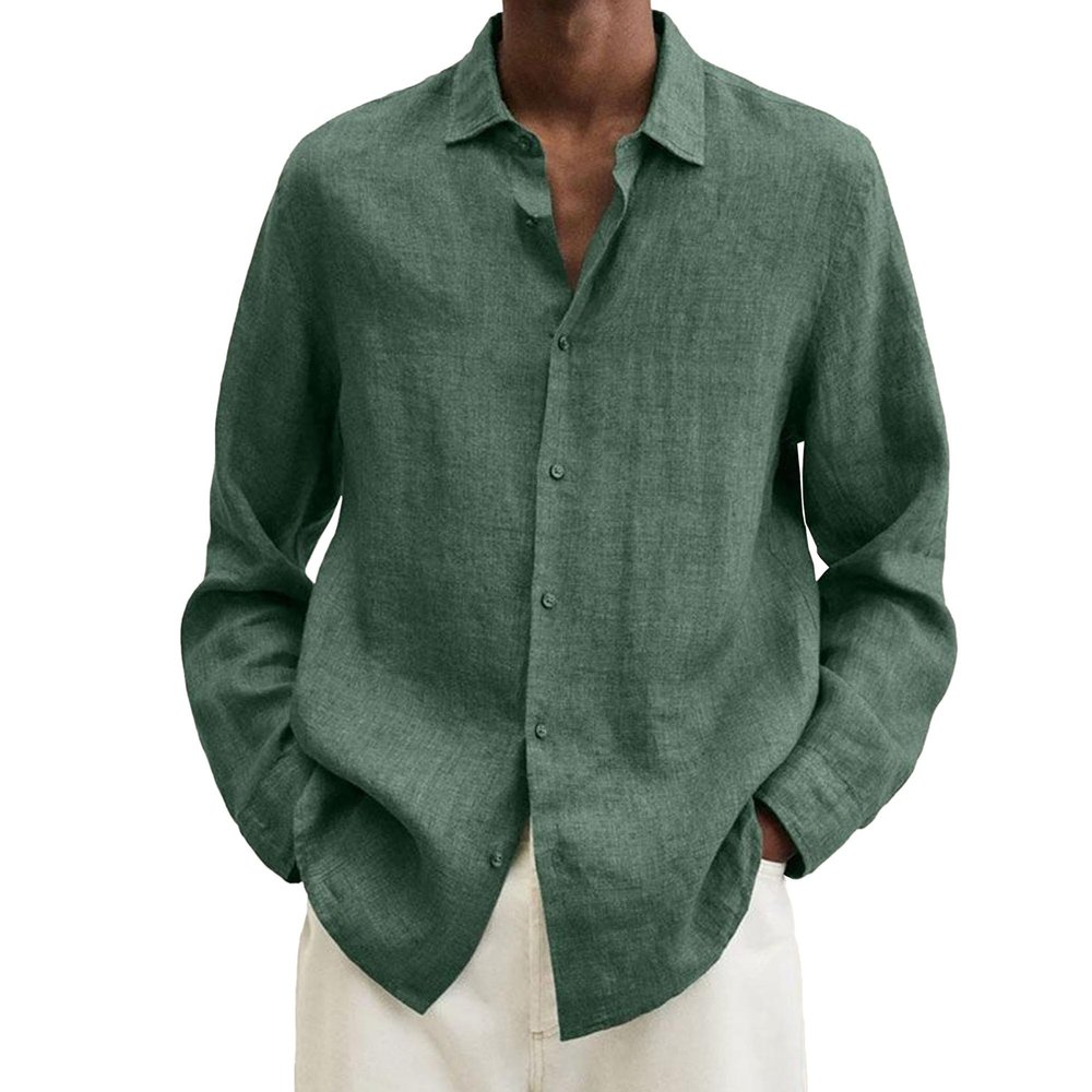 Maiyifu-GJ Mens Linen Button Down Shirts Long Sleeve Casual Cotton Yoga Shirts Summer Beach Regular Fit Tops (X-Large,Green 2)