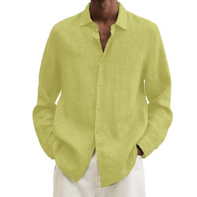 Mens Linen Button Down Shirts Long Sleeve Casual Cotton Yoga Shirts Summer Beach Regular Fit Tops (XX-Large,Yellow)