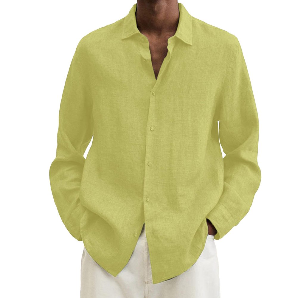 Mens Linen Button Down Shirts Long Sleeve Casual Cotton Yoga Shirts Summer Beach Regular Fit Tops (XX-Large,Yellow)