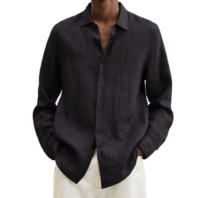 Maiyifu-GJ Mens Linen Button Down Shirts Long Sleeve Casual Cotton Yoga Shirts Summer Beach Regular Fit Tops (3X-Large,Black)
