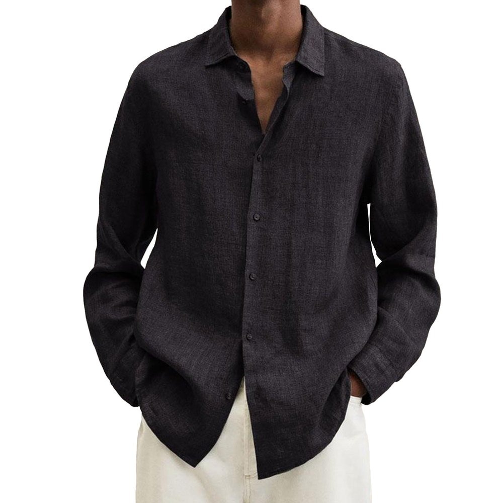 Maiyifu-GJ Mens Linen Button Down Shirts Long Sleeve Casual Cotton Yoga Shirts Summer Beach Regular Fit Tops (3X-Large,Black)