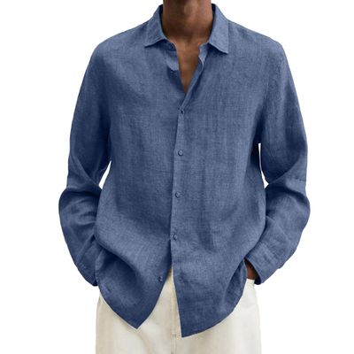 Maiyifu-GJ Mens Linen Button Down Shirts Long Sleeve Casual Cotton Yoga Shirts Summer Beach Regular Fit Tops (5X-Large,Blue 2)