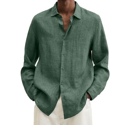 Maiyifu-GJ Mens Linen Button Down Shirts Long Sleeve Casual Cotton Yoga Shirts Summer Beach Regular Fit Tops (3X-Large,Green 2)