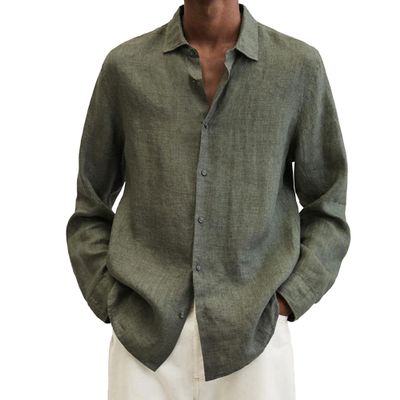 Maiyifu-GJ Mens Linen Button Down Shirts Long Sleeve Casual Cotton Yoga Shirts Summer Beach Regular Fit Tops (4X-Large,Army Green 1)