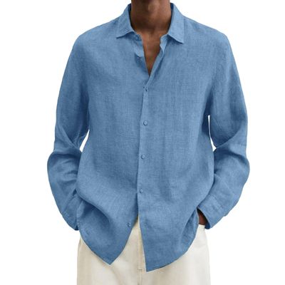 Maiyifu-GJ Mens Linen Button Down Shirts Long Sleeve Casual Cotton Yoga Shirts Summer Beach Regular Fit Tops (3X-Large,Light Blue 1)