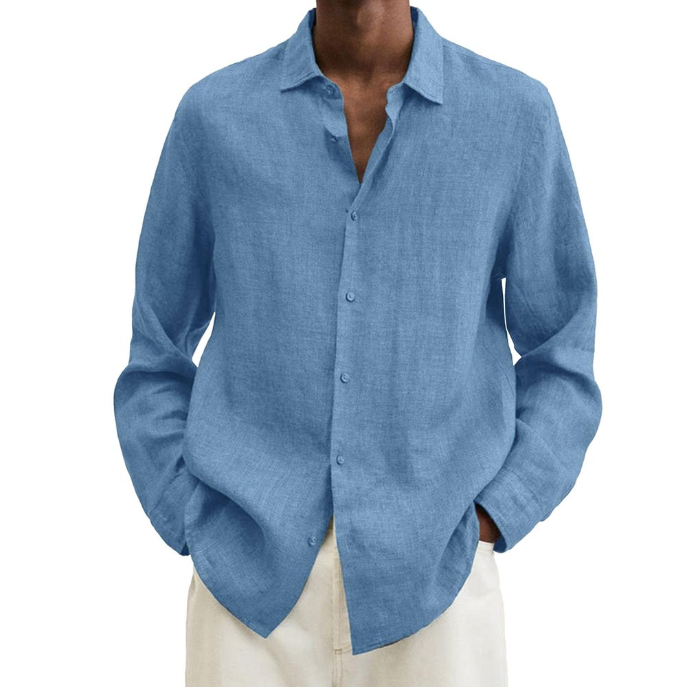 Maiyifu-GJ Mens Linen Button Down Shirts Long Sleeve Casual Cotton Yoga Shirts Summer Beach Regular Fit Tops (3X-Large,Light Blue 1)
