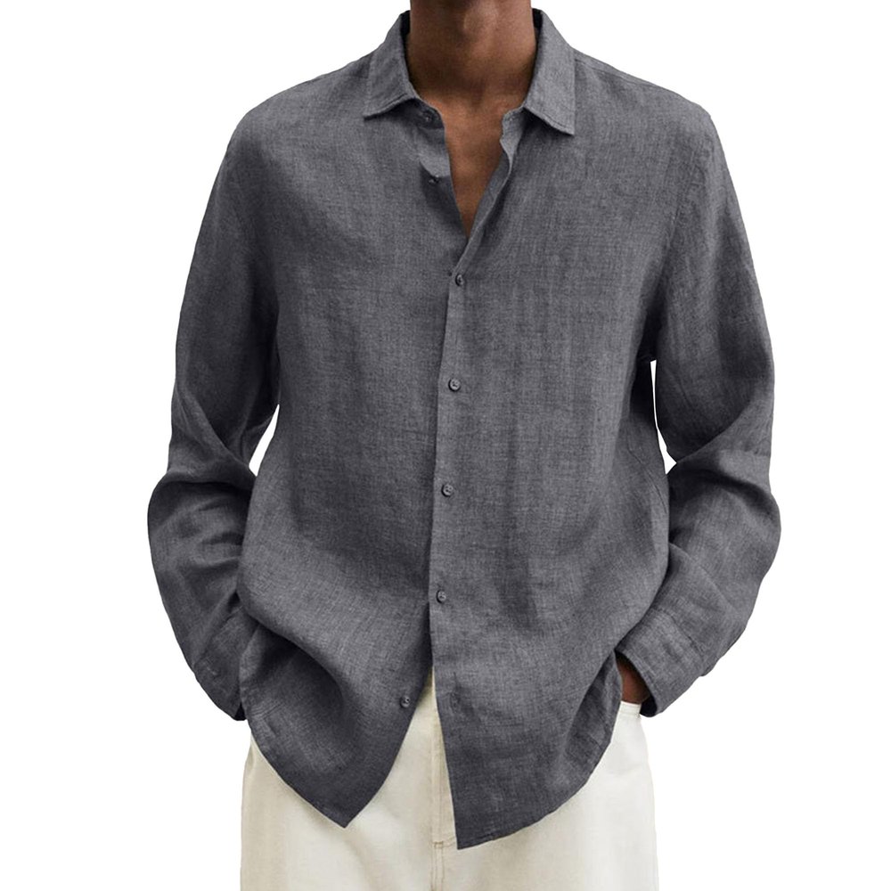 Maiyifu-GJ Mens Linen Button Down Shirts Long Sleeve Casual Cotton Yoga Shirts Summer Beach Regular Fit Tops (4X-Large,Dark Grey)