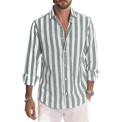 Maiyifu-GJ Men's Casual Button Down Shirts Lapel Long Sleeve Striped Dress Shirts Casual Beach Yoga Shirt (6X-Large,Green)