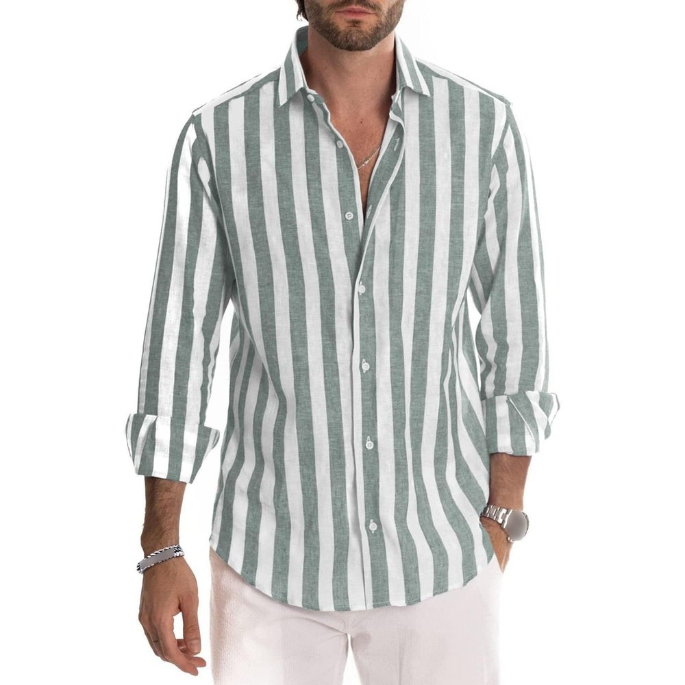 Maiyifu-GJ Men's Casual Button Down Shirts Lapel Long Sleeve Striped Dress Shirts Casual Beach Yoga Shirt (6X-Large,Green)