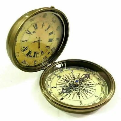 Vintage Brass Compass Tabletop Maritime Compass with Clock Navigational Tool for Hiking Trekking Travelling & Camping