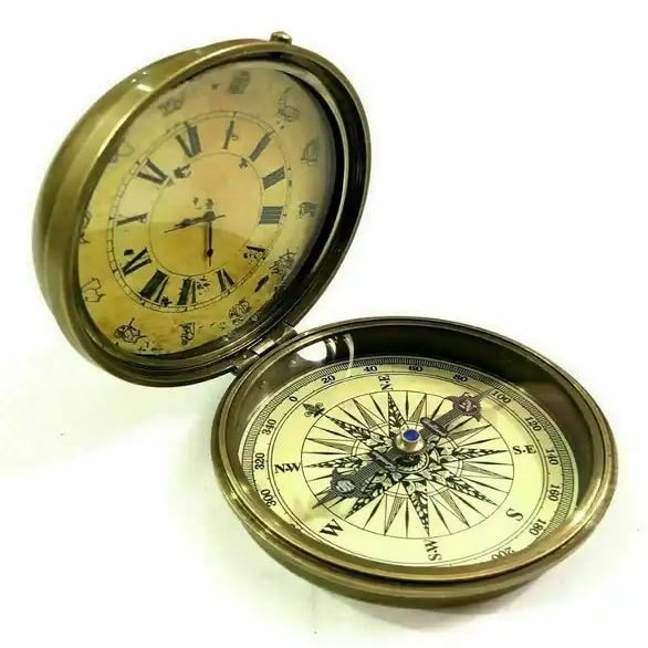 Vintage Brass Compass Tabletop Maritime Compass with Clock Navigational Tool for Hiking Trekking Travelling & Camping