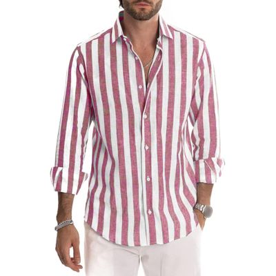 Maiyifu-GJ Men's Casual Button Down Shirts Lapel Long Sleeve Striped Dress Shirts Casual Beach Yoga Shirt (5X-Large,Pink)