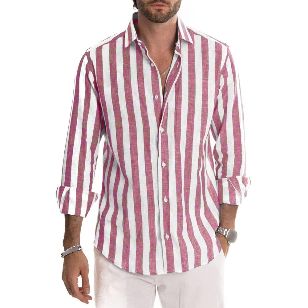 Maiyifu-GJ Men's Casual Button Down Shirts Lapel Long Sleeve Striped Dress Shirts Casual Beach Yoga Shirt (5X-Large,Pink)