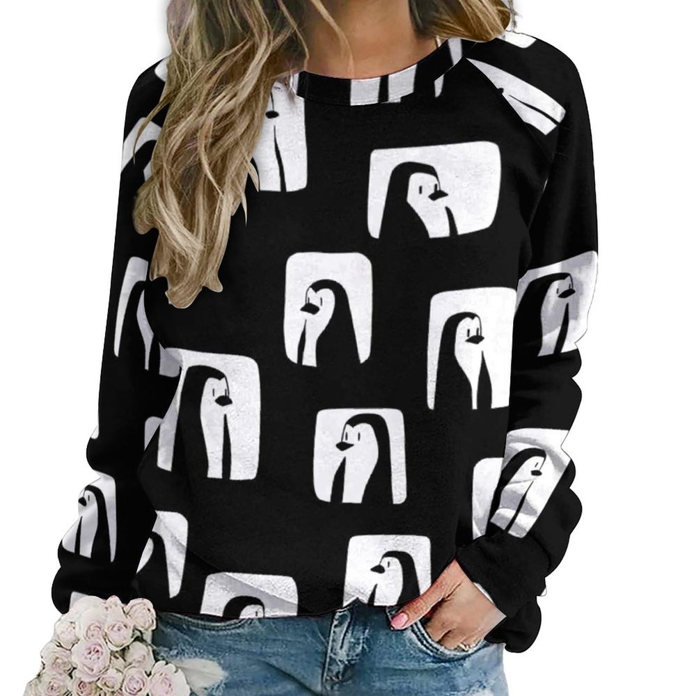 Cute Penguin Women's Crew Neck Sweatshirt Long Sleeve Tops Casual Loose Pullover Sweatshirts M