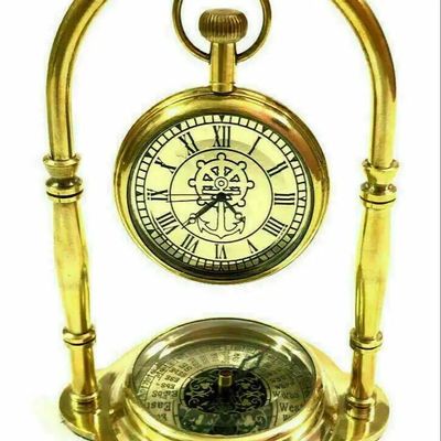 Vintage Brass Compass Tabletop Maritime Compass with Clock Navigation Tool for Hiking Tracking Travelling & Camping