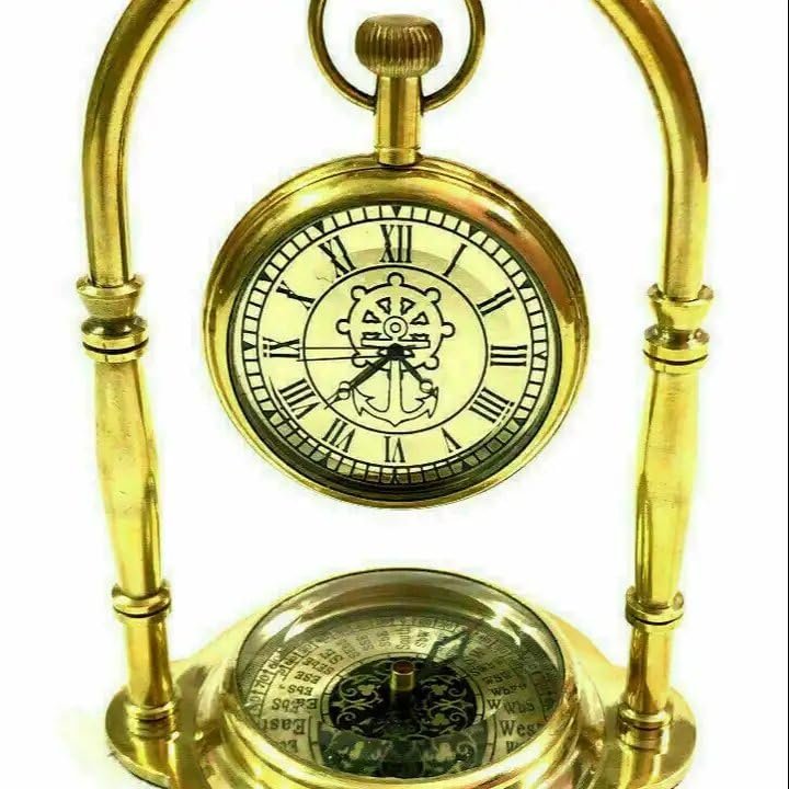 Vintage Brass Compass Tabletop Maritime Compass with Clock Navigation Tool for Hiking Tracking Travelling & Camping
