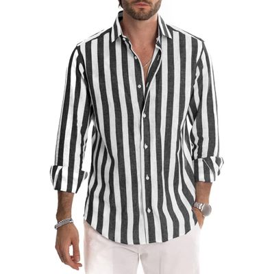 Maiyifu-GJ Men's Casual Button Down Shirts Lapel Long Sleeve Striped Dress Shirts Casual Beach Yoga Shirt (XX-Large,Black)