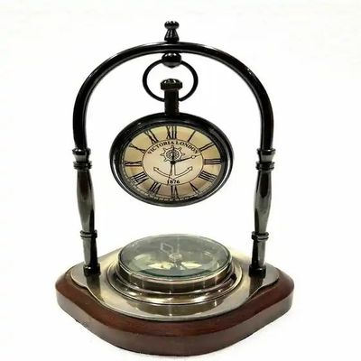 Antique Brass Compass Tabletop Maritime Compass with Clock Navigation Tool for Hiking Tracking Travelling & Camping