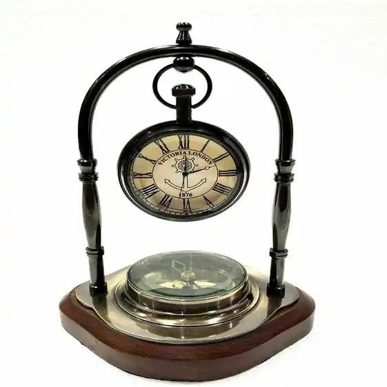 Antique Brass Compass Tabletop Maritime Compass with Clock Navigation Tool for Hiking Tracking Travelling & Camping