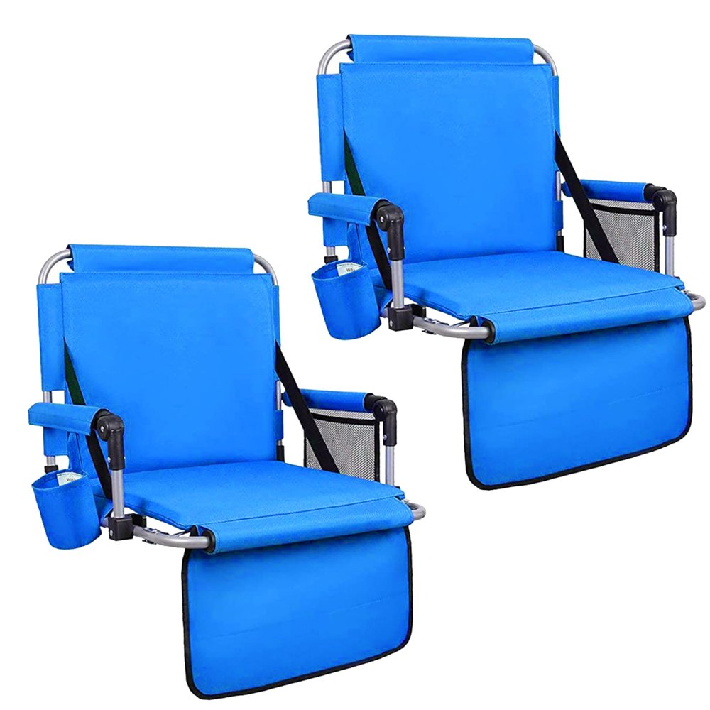 HIGH POINT SPORTS Foldable Stadium Seats for Bleachers with Back Support, 2PCS Bleacher Seats Chairs with Back and Cushion, Portable Folding Stadium Chairs with Armrest, Blue