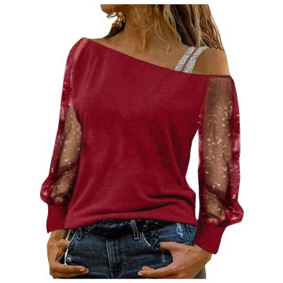 Women Printing Glitter Mesh Bell Long Sleeve Cold Shoulder Splice T-Shirt Blouse Fashion Shiny Club Loose Shirt Tees