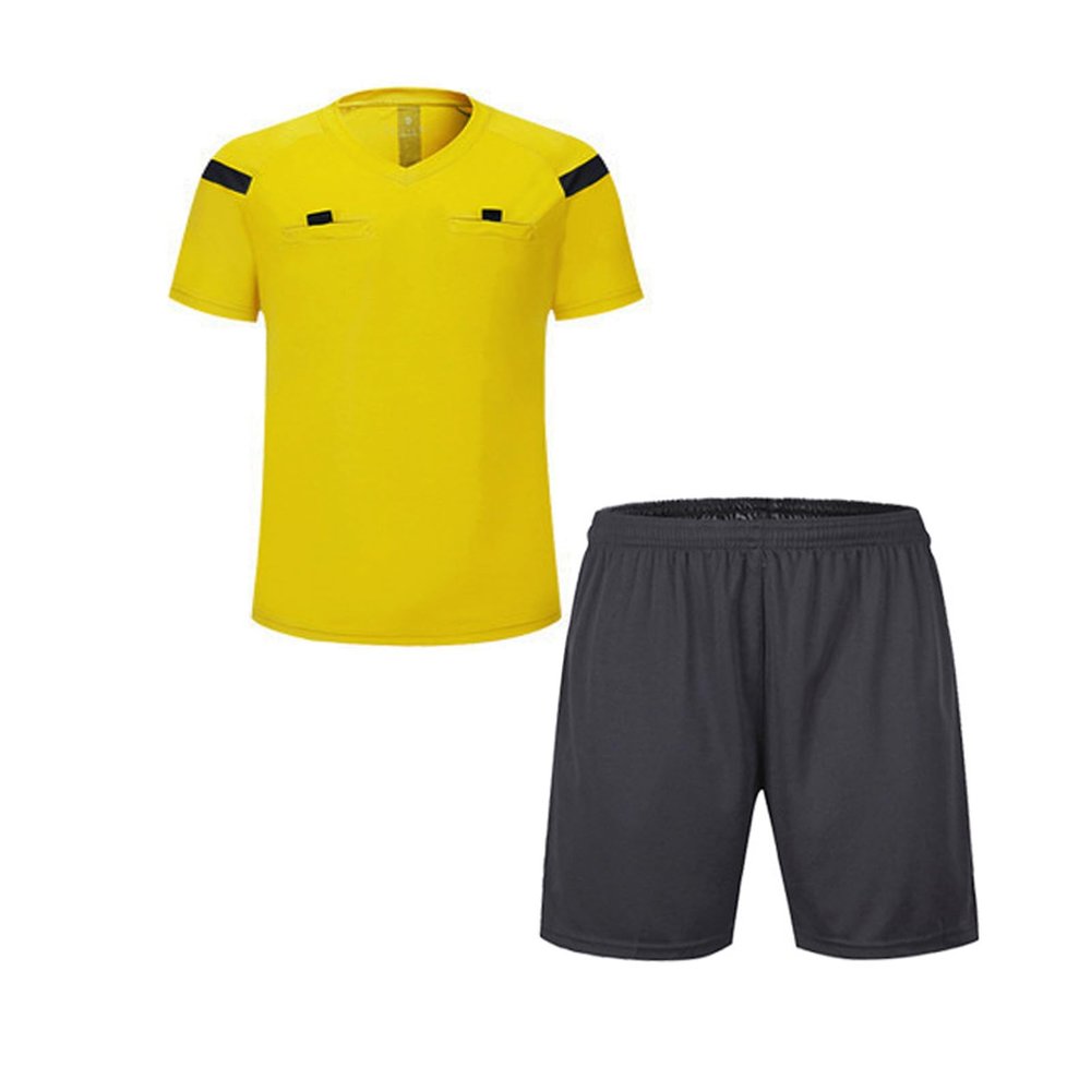 DRHOM Mens Boys Soccer Referee Shirt Short Sleeves Jersey Basketball Football and Shorts Clothing Set Uniforms (Yellow, 3X-Large)