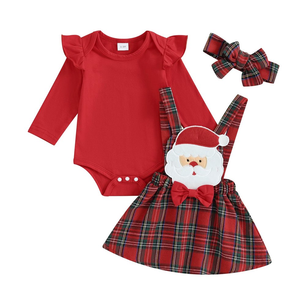 Hnyenmcko Newborn Baby Girl Christmas Clothes Infant Red Plaid Romper Dress Ruffle Long Sleeve Ribbed Bodysuit Headband Set (Skirt Set-Red, 0-3 Months)