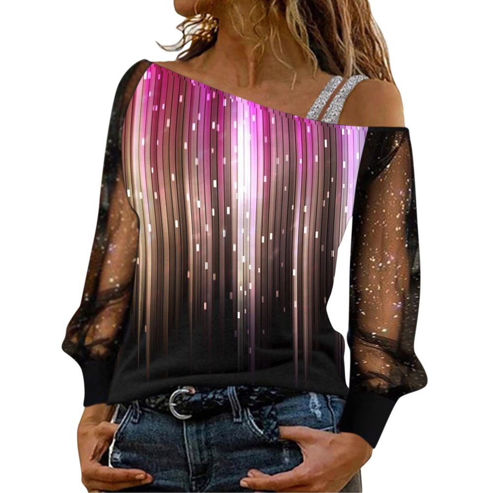 Women Printing Glitter Mesh Bell Long Sleeve Cold Shoulder Splice T-Shirt Blouse Fashion Shiny Club Loose Shirt Tees