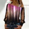 Women Printing Glitter Mesh Bell Long Sleeve Cold Shoulder Splice T-Shirt Blouse Fashion Shiny Club Loose Shirt Tees view 3