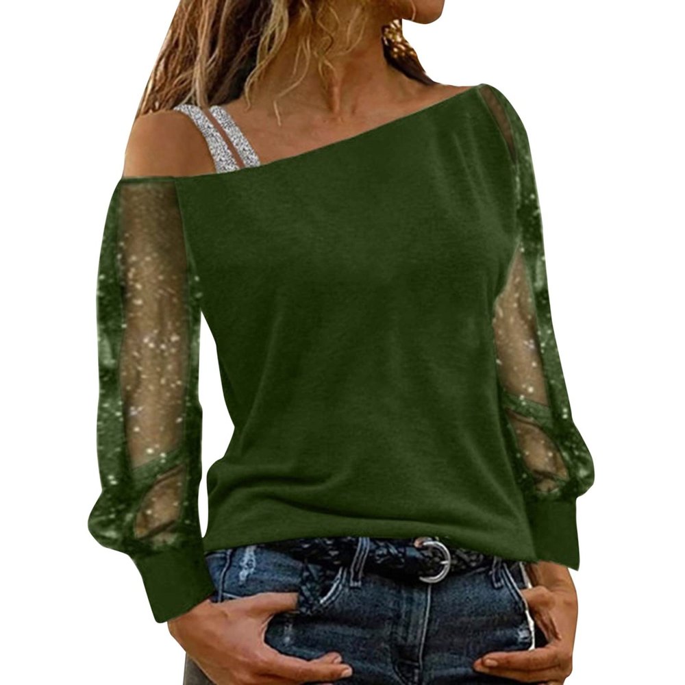 Women Printing Glitter Mesh Bell Long Sleeve Cold Shoulder Splice T-Shirt Blouse Fashion Shiny Club Loose Shirt Tees
