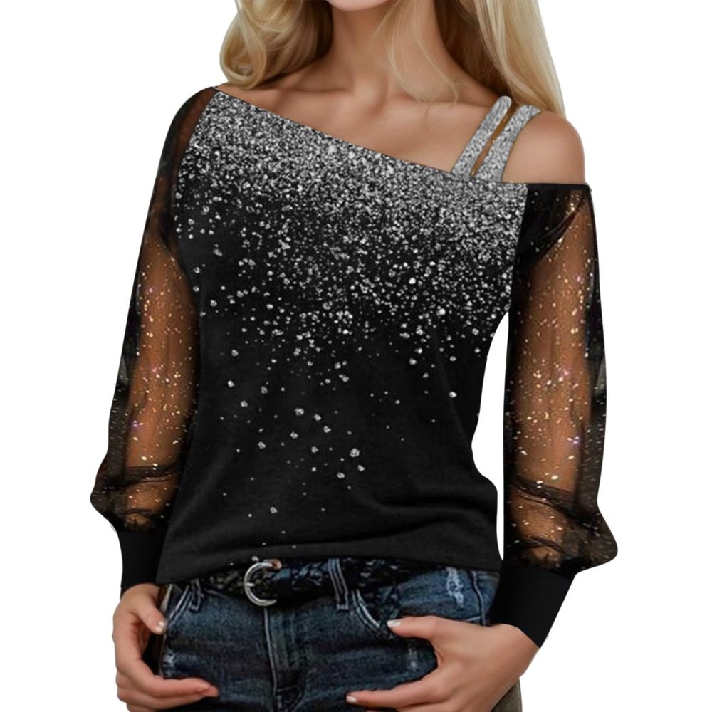 Women Printing Glitter Mesh Bell Long Sleeve Cold Shoulder Splice T-Shirt Blouse Fashion Shiny Club Loose Shirt Tees