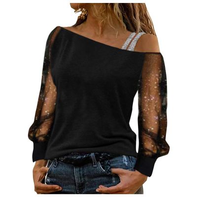 Women Printing Glitter Mesh Bell Long Sleeve Cold Shoulder Splice T-Shirt Blouse Fashion Shiny Club Loose Shirt Tees